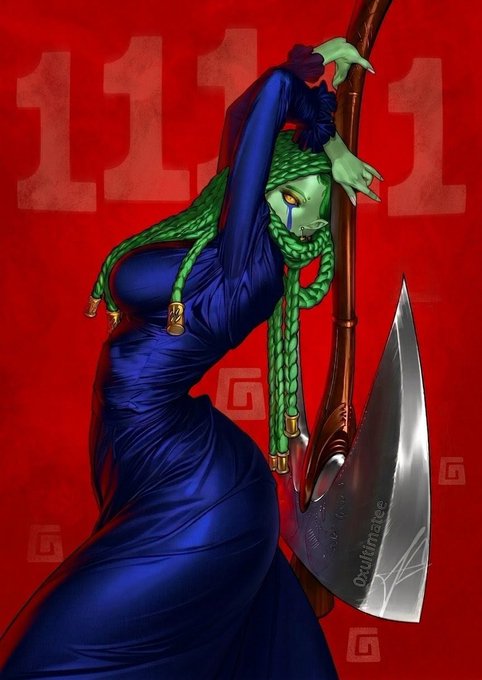 A digital artwork shows a green-skinned character with long braided hair wearing a flowing blue dress, posed against a red background displaying "1111" and spiral motifs, while holding a large blade inscribed with "0xultim4tee"—the artist's signature wallet name, reflecting the fan's tribute artwork shared in hopes of catching the NFT creator's attention.