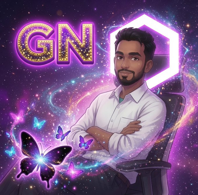 A vibrant digital illustration shows a man with a beard sitting in a futuristic chair with his arms crossed, set against a purple galaxy background featuring glowing 'GN' initials, neon butterflies, and a hexagonal frame.