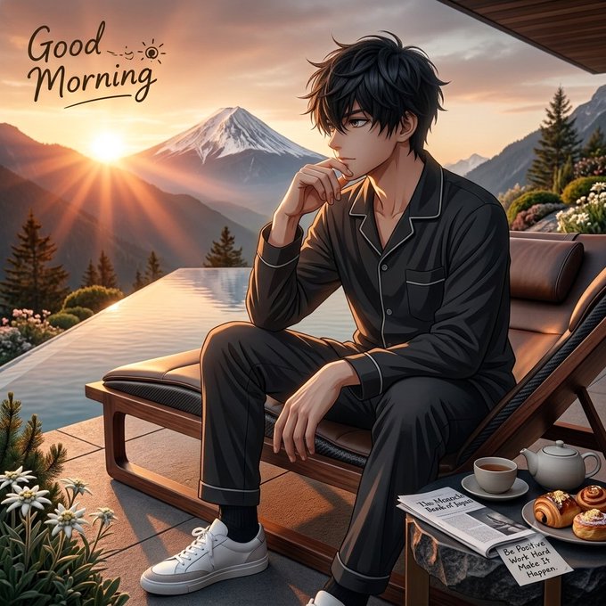 An anime-style illustration of a young man in dark pajamas sitting on a lounge chair at sunset with mountains in the background, with "Good Morning" text and a newspaper reading "Be Positive, Work Hard, Make It Happen".