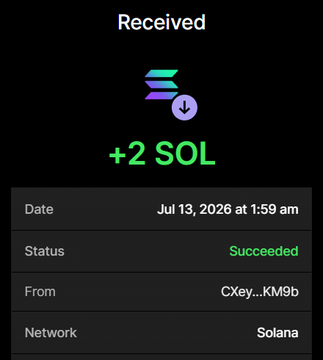 A screenshot of a successful crypto transaction receipt showing a received payment of **+2 SOL** on the Solana network, dated **Jul 13, 2026 at 1:59 am**, from address CXey...KM9b. The image serves as proof of a 2 SOL contribution to the $BHOODIES presale, which at the stated rate of 1 SOL = 20M tokens with a 100% bonus would entitle the sender to 40M $BHOODIES.