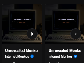 Two identical video thumbnails display a vintage computer monitor showing the "INTERNET MONKES" logo, with captions reading "Unrevealed Monke" and "Internet Monkes" accompanied by a verified checkmark, reflecting the user's announcement about minting their Internet Monkes NFT.
