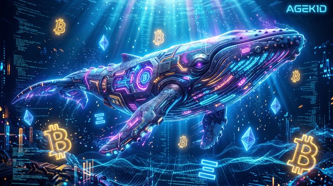 A cyberpunk-style digital illustration by AGEKID featuring a futuristic mechanical whale surrounded by floating Bitcoin logos and Ethereum symbols against a neon-lit digital background.