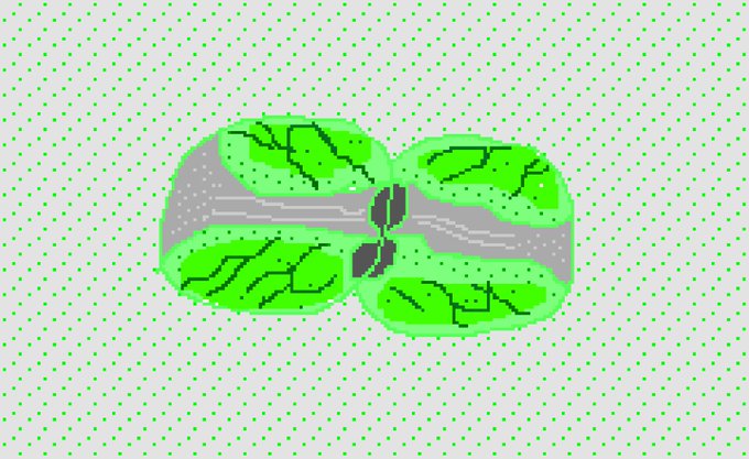 Pixel art depicting four green leaves arranged around a central gray band, set against a polka-dotted background.