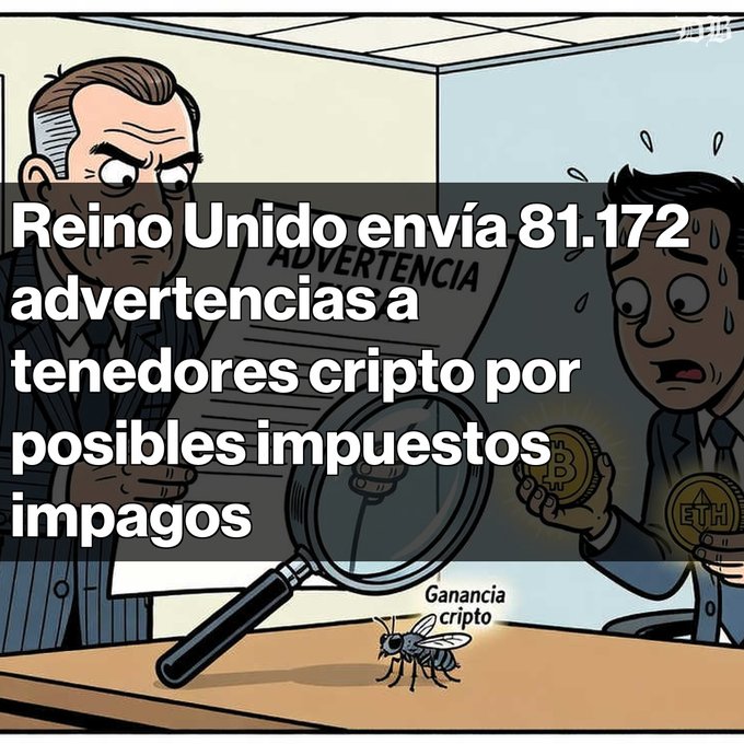 A Spanish-language cartoon showing a man giving an "ADVERTENCIA" (warning) about crypto taxes, with text "Reino Unido envía 81.172 advertencias a tenedores cripto por posibles impuestos impagos" and a bee labeled "Ganancia cripto".