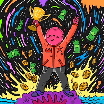 A vibrant, cartoonish illustration shows a pink smiling character in an orange jacket triumphantly holding up a gold trophy while surrounded by flying money, gold coins, and colorful confetti. The character stands on a purple splatter shape against a black background.