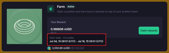 A screenshot from Meteora showing a Farm rewards interface with 0.166806 nUSD ($0.17) available to claim, running from July 04 to July 18, 2025 (15:29:51 UTC), with a total of 3,550.89 nUSD ($3,550.84) in rewards. The image visually supports the post's announcement about bonus nUSD incentives and 45% APR on nUSD/USDC and nUSD/SOL DAMM v2 pools for Nest Protocol participants.