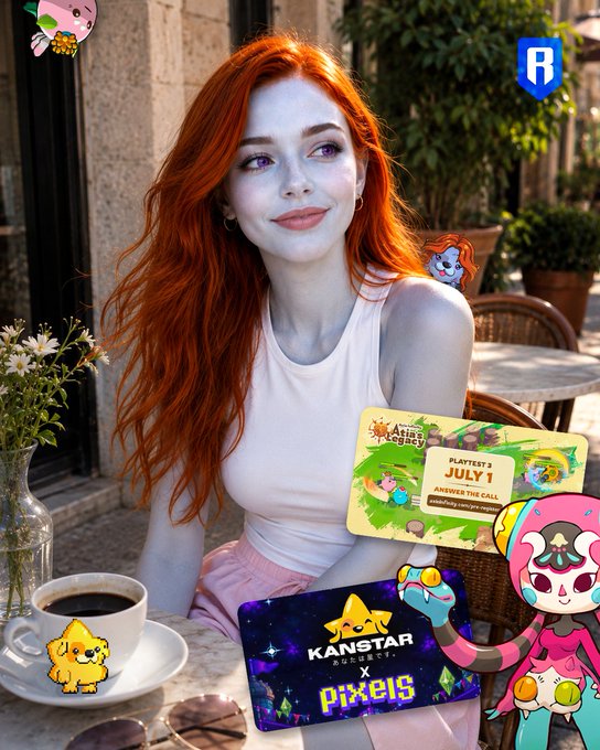 A red-haired woman sitting at an outdoor café table with coffee, surrounded by graphic overlays including anime-style characters, a 'KANSTAR x Pixels' card, and a 'PLAYER 2 JULY 1' card.