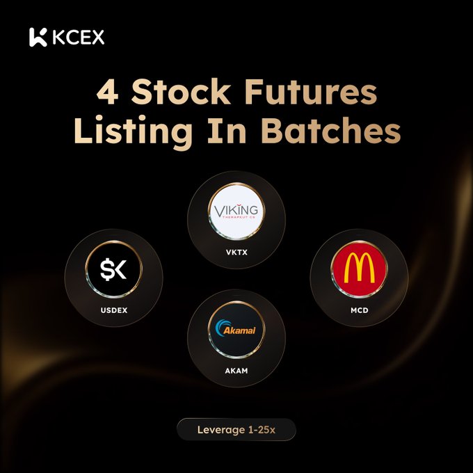 A KCEX promotional graphic announcing '4 Stock Futures Listing In Batches' featuring tickers USDEX, VKTX, AKAM, and MCD with 'Leverage 1-25x'.