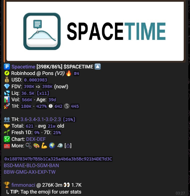 The image is a DEX screener showing details for the $SPACETIME token, including its $398K market cap, 86% 1H surge, liquidity of 36.5K on DEX-DEF, and the contract address 0x18878347b7b5b1ca325a4b6a3b5bc921b4de7d3c, which matches the one in the post — confirming the user is hopping into $SPACETIME after @StarPlatinum_'s endorsement.