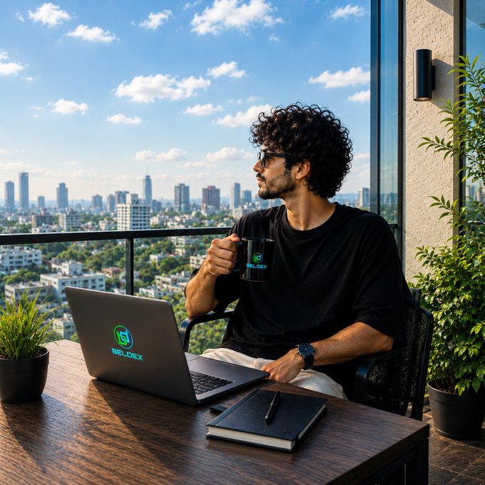 A man with curly hair and glasses sits at a balcony table with a laptop and mug, both bearing the "BELDEX" logo, overlooking a sunny cityscape.