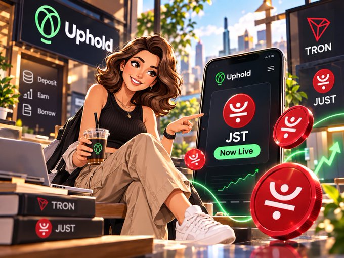 A cartoon-style promotional image features a woman pointing at a smartphone displaying the 'Uphold' app with 'JST Now Live' text, surrounded by TRON and JUST cryptocurrency logos and coins.