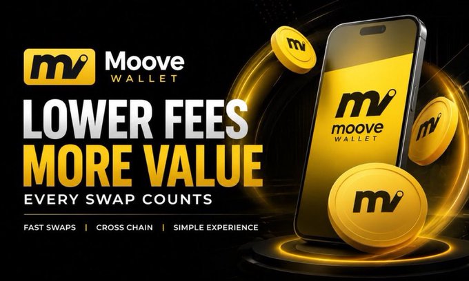 A promotional graphic for 'Moove Wallet' featuring the slogan 'LOWER FEES MORE VALUE EVERY SWAP COUNTS' with 'FAST SWAPS | CROSS CHAIN | SIMPLE EXPERIENCE', shown alongside a smartphone and gold 'mv' coins.