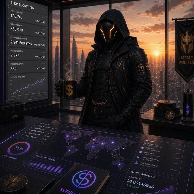 The image features a man dressed in black standing at a desk with a computer monitor, holding a cup of coffee. He appears to be wearing a hoodie or jacket over his clothes. The background shows an office setting with a window overlooking a city skyline. There is also a book on the desk and a banner hanging above it.

The post seems to be promoting a game called "Swiss Army" that allows players to build their own army, complete missions, and earn points or rewards for their achievements. The man in the image could potentially be an employee of Swiss Army or someone who is interested in trying out the game.