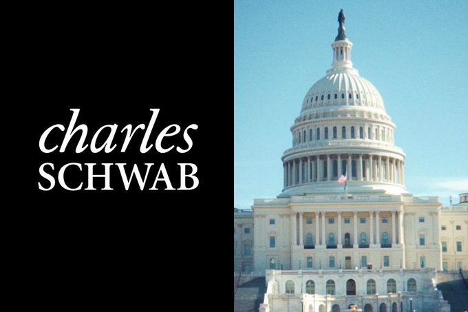 The image is a split graphic with the "charles SCHWAB" company logo on the left black panel, paired with a photograph of the U.S. Capitol building dome on the right — visually representing Charles Schwab's appeal to Congress to pass the Crypto Clarity Act, as referenced in the post about the $13 trillion firm urging Senate action on crypto regulation.