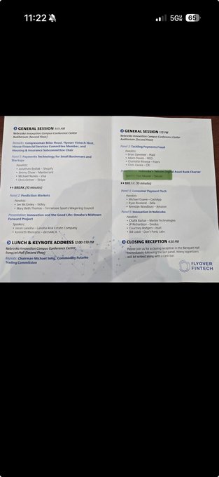 A conference program brochure displays the Flyover Fintech agenda, including sessions on generative AI, blockchain, and innovation in financial services, with a timestamp of 11:22 visible.
