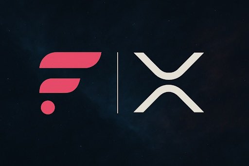 A graphic showing the Flutter and XRP (Ripple) logos side by side against a dark, starry space background.