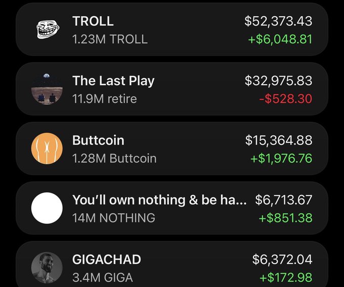 A screenshot of a crypto portfolio tracker showing holdings in TROLL ($52,373.43, +$6,048.81), The Last Play ($32,975.83, -$528.30), Buttcoin ($15,364.88, +$1,976.76), "You'll own nothing & be ha..." ($6,713.67, +$851.38), and GIGACHAD ($6,372.04, +$172.98), with most meme coin positions trending upward to support the poster's claim that their "conviction bag" wallet is "starting to trend upwards again."