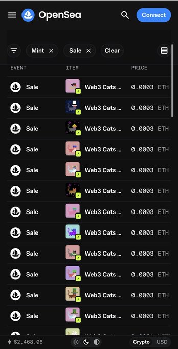 A mobile screenshot of the OpenSea NFT marketplace displays a list of 'Web3 Cats' items filtered by 'Mint' and 'Sale', each priced at 0.0003 ETH.