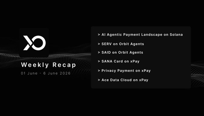 "Weekly Recap XONA" written at the top of the screen with a white border and black text. The image shows a screenshot of an app named "XONA" that features a small square icon with a stylized "x". It is titled "Big week for XONA.", which indicates it's time to take a closer look at the app's developments or updates in the AI Agentic Payment Landscape on Solana. The post suggests upgrading Orbit agents and xPay, showcasing new features or enhancements from XONA over these areas.