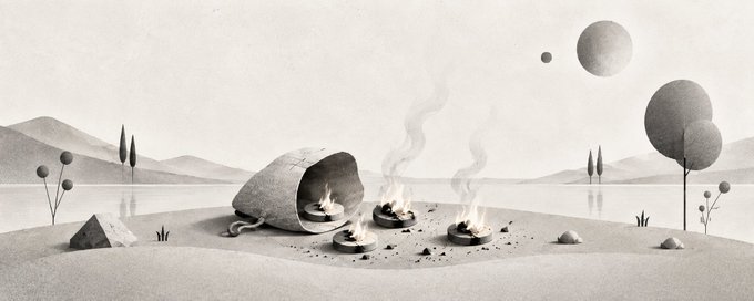 A monochromatic landscape depicts a tipped urn spilling burning coins onto a small island, with smoke rising into the sky where two spherical planets float above stylized trees and distant mountains. The imagery of burning currency and the emptying urn visually reinforces the post's theme of token buybacks and burns, symbolizing the destruction of $port tokens through a systematic TWAP purchasing process.