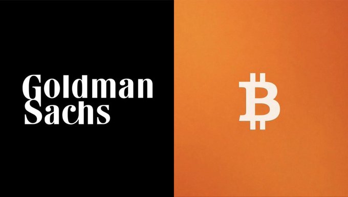 The image shows the Goldman Sachs logo on a black background on the left and the Bitcoin (₿) symbol on an orange background on the right, visually representing the bank's connection to cryptocurrency. This aligns with the post about Goldman Sachs's CEO calling for advancing crypto legislation.