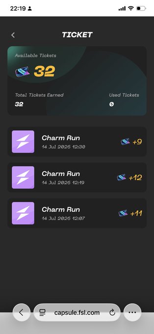 A mobile app screen titled 'TICKET' showing 32 available tickets from 'Charm Run' activities dated 14 Jul 2026, with no tickets used.