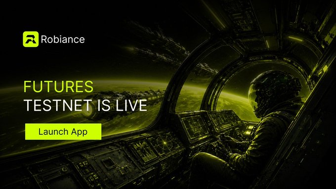 Robiance announcement banner reading 'FUTURES TESTNET IS LIVE' featuring an astronaut in a spacecraft cockpit, with a 'Launch App' button.