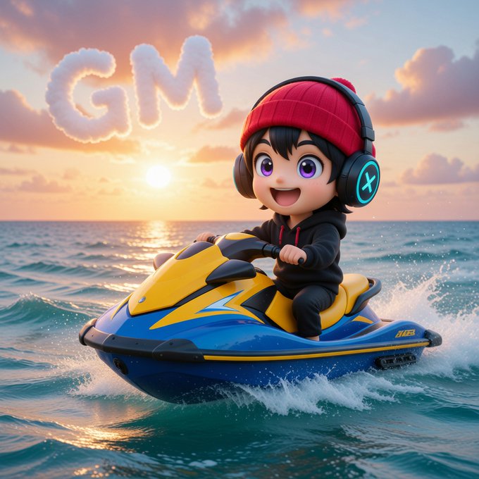 A 3D-style cartoon illustration of a chibi character wearing a red beanie and headphones riding a blue and yellow jet ski on the ocean at sunset, with 'GM' spelled out in clouds in the sky.