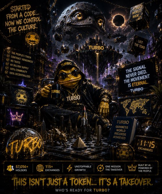 A promotional poster for "TURBO" cryptocurrency featuring a frog character in gold and black attire sitting on a throne, with text including "STARTED FROM A CODE, NOW WE CONTROL THE CULTURE," "57,056+ HOLDERS," "115+ EXCHANGES," and "THIS ISN'T JUST A TOKEN... IT'S A TAKEOVER."