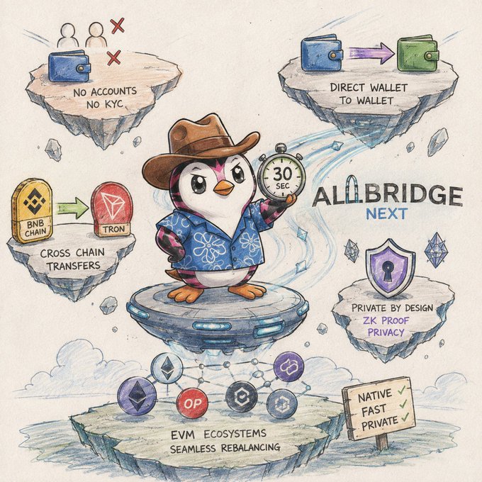 A whimsical illustration of a penguin in a cowboy hat and Hawaiian shirt promoting 'ALLBRIDGE NEXT', featuring features like 'No Accounts, No KYC', 'Direct Wallet to Wallet', 'Cross Chain Transfers', 'Private by Design', and 'EVM Ecosystems Seamless Rebalancing'.