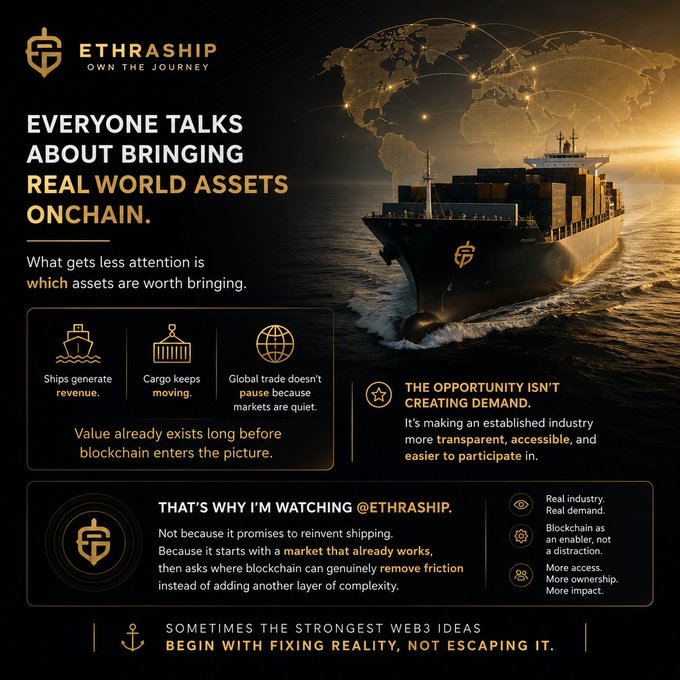 A promotional graphic for 'ETHRASHIP' featuring a large cargo ship on the ocean, with text discussing bringing 'REAL WORLD ASSETS ONCHAIN' and noting the opportunity is in 'CREATING DEMAND.'