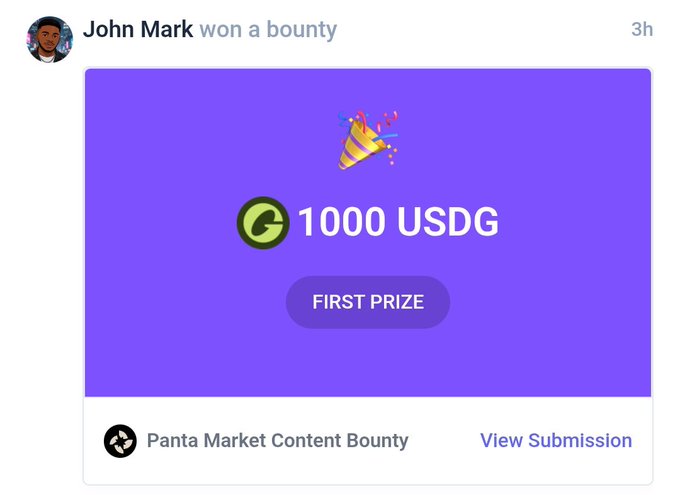 The image shows a notification of John Mark winning a bounty, featuring a purple graphic with a party popper and text reading "1000 USDG" marked as "FIRST PRIZE" from the "Panta Market Content Bounty." This visually represents the milestone mentioned in the post—John Mark's first 4-figure earnings through Superteam Earn and the PantaHQ bounty, celebrating his achievement with a $1,000 USDG prize.