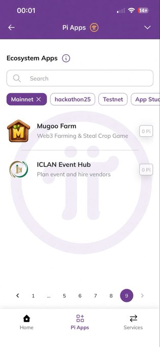 The Pi Network Pi Apps screen shows the “Ecosystem Apps” marketplace on Mainnet, featuring “Mugoo Form” and “ICLAN Event Hub,” each labeled “0 Pi,” with 82 total Mainnet applications and 18 more needed to reach the target of 100.