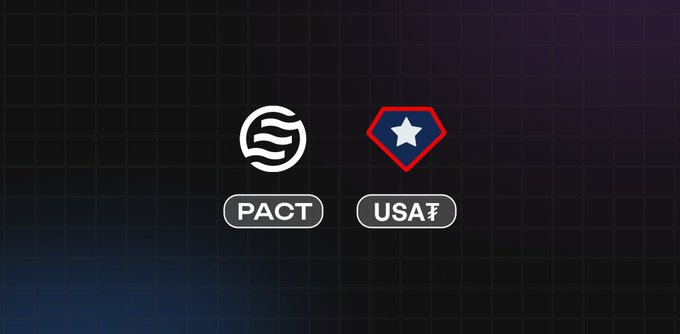 A digital graphic displaying two logos with the text 'PACT' and 'USA' underneath, set against a dark grid background.