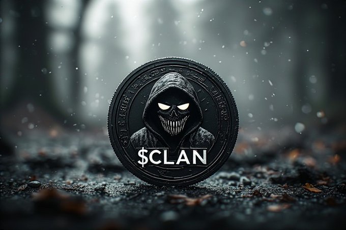 A dark, ominous coin featuring a hooded skull figure with "$CLAN" engraved on it sits on a misty forest path, matching the post's promotion of the $CLAN token presale drop with a haunting, mysterious aesthetic.