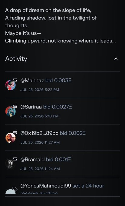 A dark-themed app interface showing a short poem about dreams and life, followed by an 'Activity' feed listing user bids and reservations dated July 25, 2026.