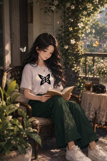 An anime-style illustration of a girl with long dark hair sitting on a porch reading a book, wearing a white butterfly t-shirt and green pants, with white sneakers nearby.