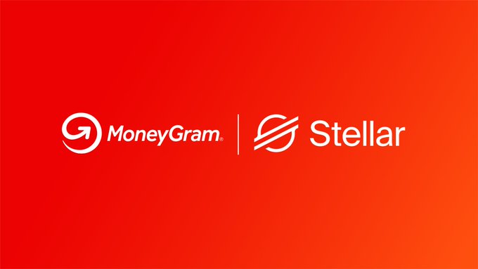 The image features a partnership graphic with the MoneyGram logo alongside the Stellar logo on a red-to-orange gradient background, visually representing the collaboration highlighted in the post about MoneyGram becoming a Tier 1 validator on the Stellar network.