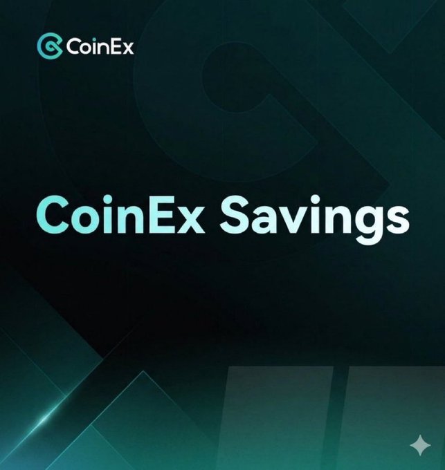 A dark teal promotional graphic for CoinEx Savings featuring the CoinEx logo in the upper left corner.