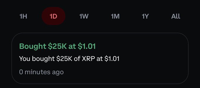 A mobile trading app notification shows "Bought $25K at $1.01" for XRP, timestamped "0 minutes ago," with the 1D timeframe tab selected. This visually corresponds to the post's "Day 2 of Buying $25k of XRP Everyday," confirming the daily purchase amount and showing the price point at which the buy was executed.