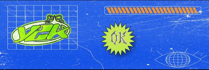 A retro Y2K-style blue graphic with grid lines and orange striped elements features a green logo reading 'VEK' and a yellow starburst badge with the text 'OK'.