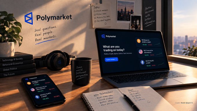 A promotional image for Polymarket displaying the platform on a laptop and smartphone, showing prediction markets for Will Bitcoin hit $150k, Will Trump win the 2028 election, and Will the Big 12 expand, alongside branding 'Real questions. Real people. Real markets.'