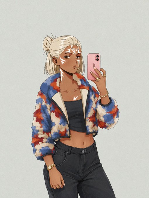 A stylish digital illustration shows a young woman with platinum blonde hair in a bun taking a selfie with a pink iPhone, wearing a vibrant red, white, and blue tie-dye fuzzy jacket over a black crop top and dark jeans, accessorized with gold jewelry and white tribal face markings. The image fits the "Gm Web3 / touching grass" vibe by blending trendy Web3 fashion aesthetics with the casual, selfie-taking moment of stepping outside into the day.