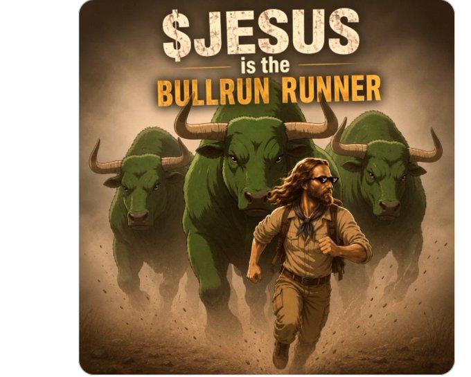 A stylized illustration features a rugged man running from three large green bulls, with the text '$JESUS is the BULLRUN RUNNER' above.