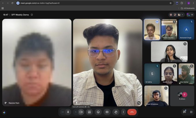A Google Meet video call screenshot titled "SFF Weekly Demo" showing multiple participants, including "Keonne Hon," "Advait Kothari," and others, with some video feeds blurred.