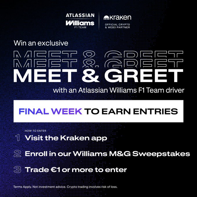 Promotional graphic for the Atlassian Williams F1 Team and Kraken (their "Official Crypto & Web3 Partner") offering a chance to "Win an exclusive MEET & GREET with an Atlassian Williams F1 Team driver," noting it's the "FINAL WEEK TO EARN ENTRIES" via the Kraken app. It includes a 3-step "How to Enter" section (visit Kraken, enroll in Williams M&G Sweepstakes, trade €1+) and a disclaimer that crypto trading involves risk.