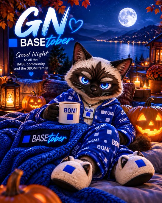 A digital illustration of a Siamese cat in blue pajamas branded 'BOMI' and 'BASETOBER', holding a mug, with text 'GN BASEtober Good Night to all the BASE community and the $BOMI family'.