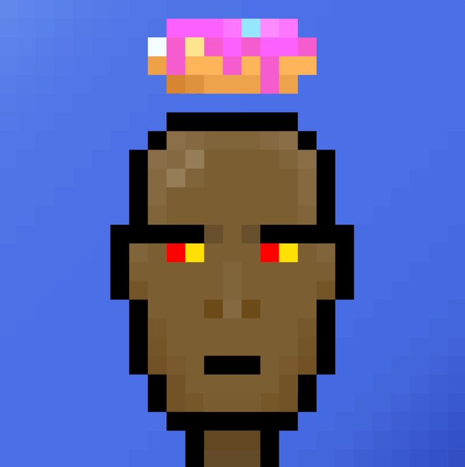 A pixelated, low-resolution rendering of a brown character with red and yellow eyes stands against a blue background, with pixelated colorful text floating above its head.