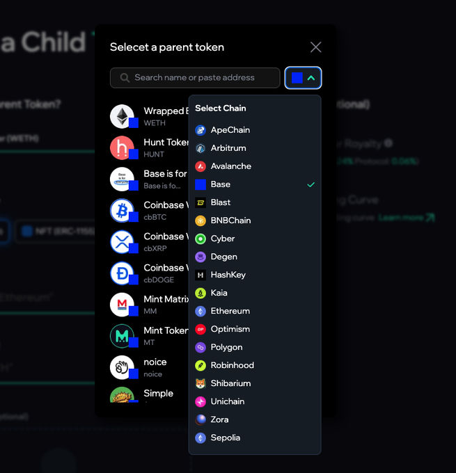 A user interface shows a 'Select a parent token' menu with a 'Select Chain' dropdown listing options including ApeChain, Arbitrum, Avalanche, Base, Blast, and Ethereum.