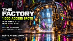 A vibrant neon promotional graphic for "THE FACTORY," advertising 1,000 access spots—200 free GTD and 800 paid GTD—available at RCPTS.XYZ/FACTORY, emphasizing a merit-based "quality over speed" application process. The image's bold text and futuristic design reinforce the post's message of opening limited spots for a printer access initiative.